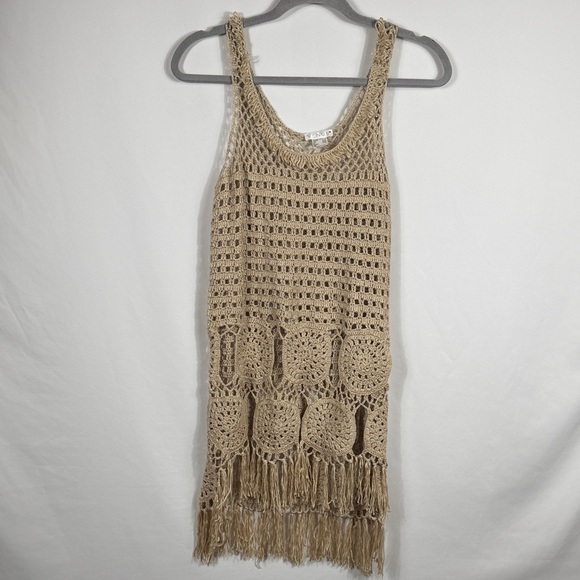 Venus Beige Crochet Fringe Tank Top Beach Swimsuit Coverup. Size M. Boho - Picture 2 of 5